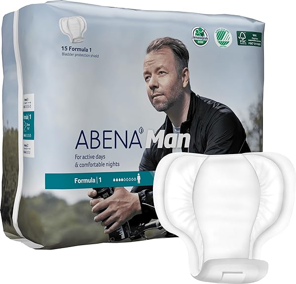 Abena Man Formula 1 Incontinence Pads For Men, Eco-Friendly Mens Incontinence Pads, Extra Protection, Breathable & Comfortable With Fast Absorption, Discreet - 450ml Absorbency, 15PK