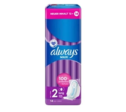 Always Always Maxi Long Pads with Wings (Size 2) Pack of 14 Up to 100% Protection Individually Packed