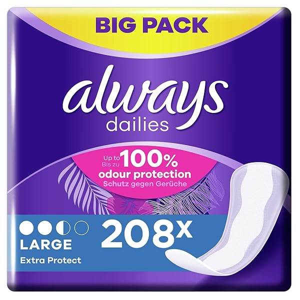 Always Dailies Panty Liners, Extra Protect, Large, 208 Liners (52 x 4 Packs), Odour Neutraliser, Absorbent Core