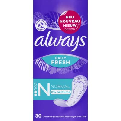 Always Daily Fresh Normal Pantyliners, Pack of 30, 0% Fragrances, for Freshness and Protection