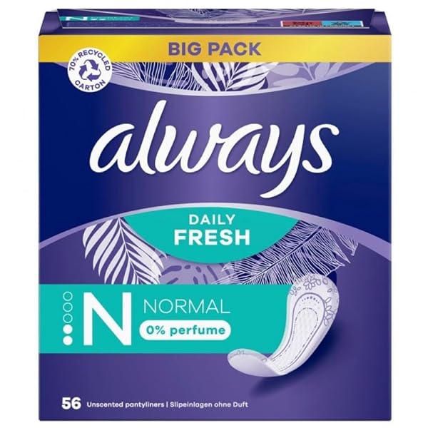 Always Daily Fresh Normal Pantyliners, Pack of 56, 0% Fragrances, for Freshness and Protection