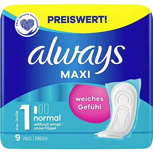 Always Maxi Normal Pads (Size 1) Pack of 9 Soft Feel Individually Wrapped