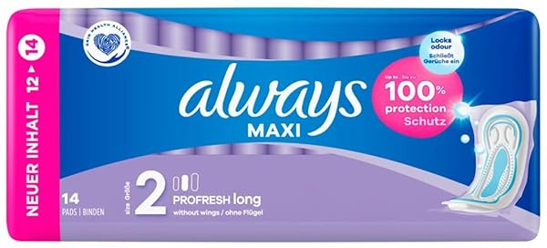 Always Maxi Profresh Long Pads (Size 2) Pack of 14 Up to 100% Protection Lock Odours Individually Packed