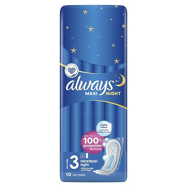 Always Maxi Profresh Night Sanitary Pads (Size 3) Pack of 10 Neutralises Odours Super Fit Super Absorbent Individually Packed