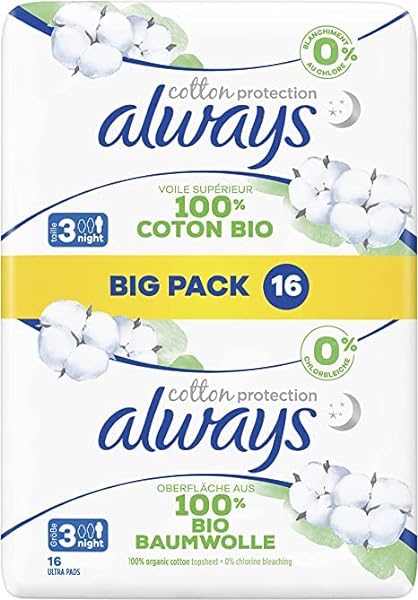 Always Ultra Cotton Protection Night (Size 3) Pads with Wings and Surface Made of 100% Organic Cotton 16 X