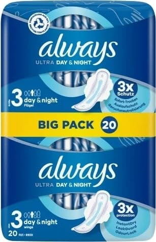 Always Ultra Day & Night Sanitary Pads (Size 3) with Wings 20 Pads Super Absorbent and Ultra Thin for The Period