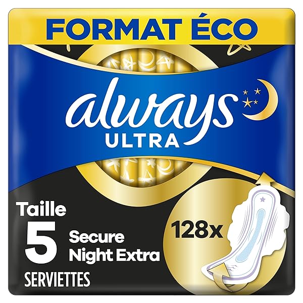 Always Ultra Day & Night Sanitary Pads Size 5 with Wings, Super Absorbent and Ultra Thin, Eco Size x128 (8 Packs of 16)