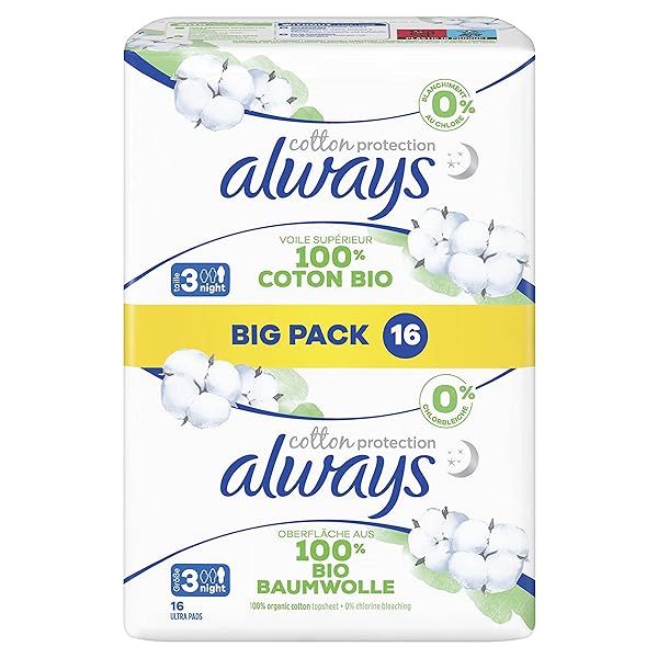 Always Ultra Pads Women's Organic Cotton Size 3 Night 48 Sanitary Towels with Wings (3 x 16 Pieces) Multipack Safe Protection and Surface 100% Organic Cotton