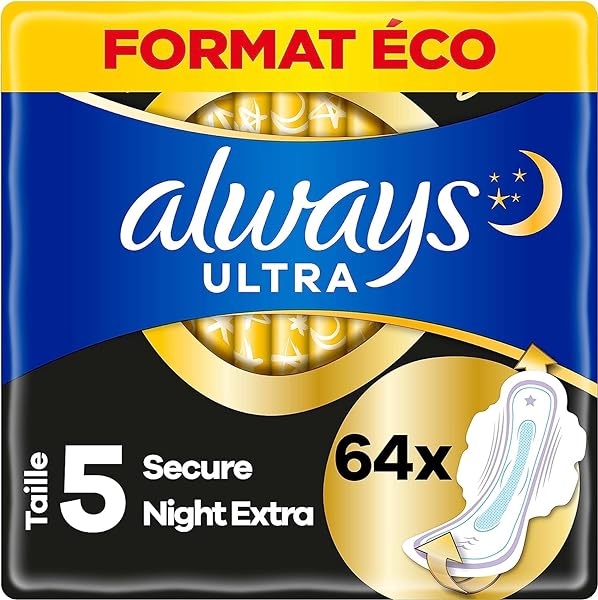 Always Ultra Pads Women's Secure Night Extra (Size 5) with Wings (64 Sanitary Towels with Wings), Big Pack, Night, Thin and Super Absorbent, Odour-Neutralising and Leak Protection