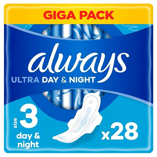 Always Ultra Sanitary Pads Day and Night (Size 3) Wings 28 Pads Super Absorbent and Ultra Thin for Period