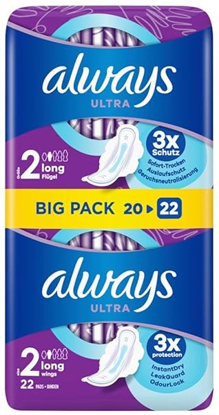 Always Ultra Tag Sanitary Pads Long (Size 2) with Wings 22 Pads Super Absorbent and Ultra Thin for The Period