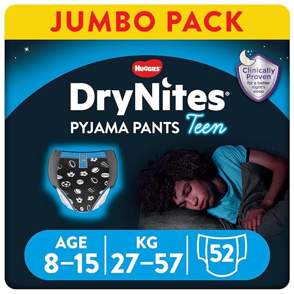 Huggies DryNites, Boys’ Pyjama Pants, Sizes 8-15 Years (52 Pants) - Discrete Night Time Pants - Maximum Protection to Manage Child and Teen Bed Wetting