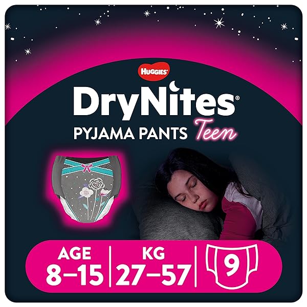 Huggies DryNites, Girls’ Teen Pyjama Pants - Sizes 8-15 Years - Discreet Night Time Underwear with Exciting Designs - Maximum Protection for Teen Bed Wetting, (9 Pants)